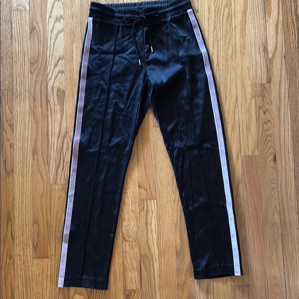 Sandro Paris sz 1 Black shiny Track Pants pink Side Stripes elastic + tie waist